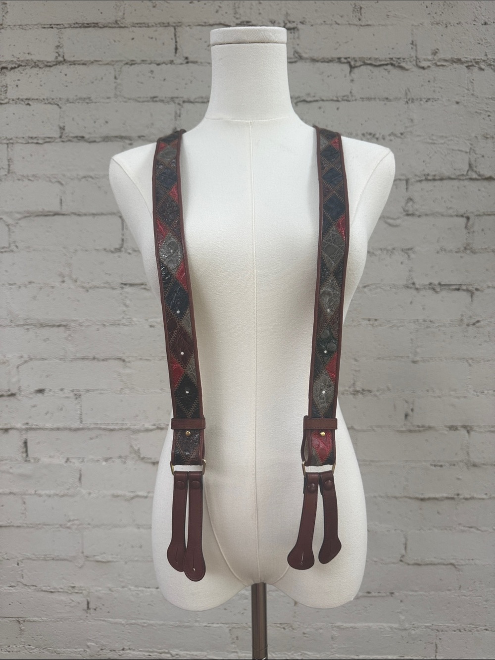 Bottega Veneta RARE Leather Button Suspenders Snakeskin Diamond Multi 44 Inch